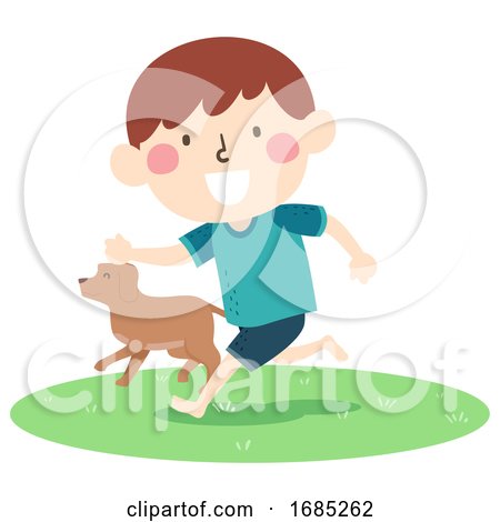 Kid Boy Run Barefoot Grass Dog Illustration by BNP Design Studio
