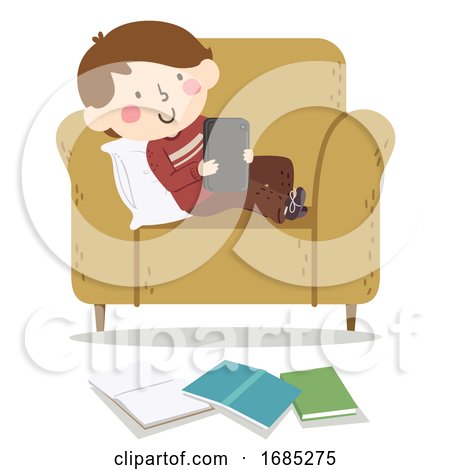Kid Boy Procrastinating Study Tablet Illustration by BNP Design Studio