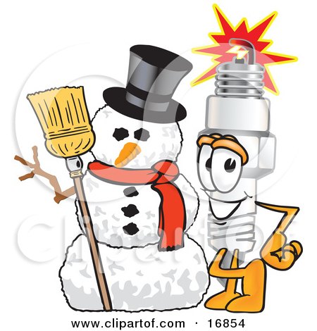 Clipart Picture of a Spark Plug Mascot Cartoon Character With a Snowman on Christmas by Mascot Junction