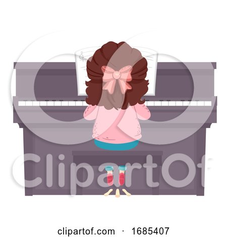 Kid Girl Play Piano Back View Illustration by BNP Design Studio