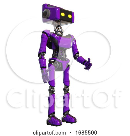 Robot Containing Dual Retro Camera Head and Retro Tech Device Head and Light Chest Exoshielding and Ultralight Chest Exosuit and Ultralight Foot Exosuit. Purple. Facing Left View. by Leo Blanchette