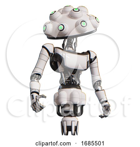 Mech Containing Techno Multi-eyed Domehead Design and Light Chest Exoshielding and Ultralight Chest Exosuit and Jet Propulsion. White. Hero Pose. by Leo Blanchette