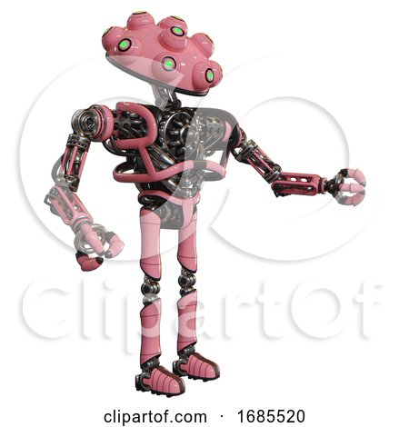 Robot Containing Techno Multi-eyed Domehead Design and Heavy Upper Chest and No Chest Plating and Ultralight Foot Exosuit. Pink. Interacting. by Leo Blanchette