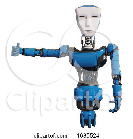 Cyborg Containing Humanoid Face Mask and Light Chest Exoshielding and Ultralight Chest Exosuit and Jet Propulsion. Blue. Arm out Holding Invisible Object.. by Leo Blanchette