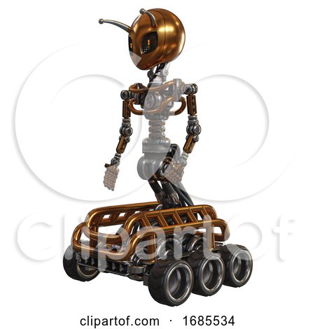 Android Containing Grey Alien Style Head and Metal Grate Eyes and Bug Antennas and Light Chest Exoshielding and No Chest Plating and Six-wheeler Base. Copper. Facing Right View. by Leo Blanchette