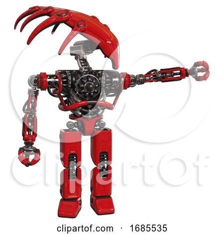 Cyborg Containing Flat Elongated Skull Head and Heavy Upper Chest and No Chest Plating and Prototype Exoplate Legs. Red. Pointing Left or Pushing a Button.. by Leo Blanchette