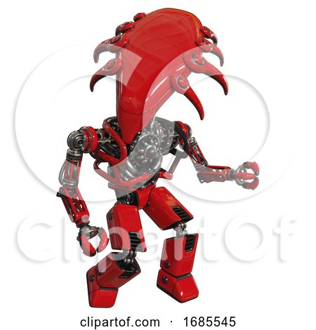 Cyborg Containing Flat Elongated Skull Head and Heavy Upper Chest and No Chest Plating and Prototype Exoplate Legs. Red. Fight or Defense Pose.. by Leo Blanchette