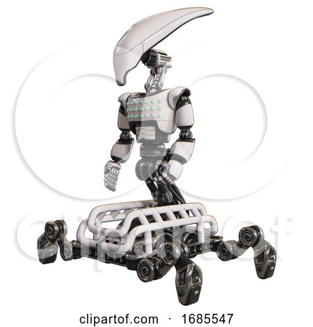 Automaton Containing Flat Elongated Skull Head and Light Chest Exoshielding and Chest Green Blue Lights Array and Insect Walker Legs. White. Facing Right View. by Leo Blanchette