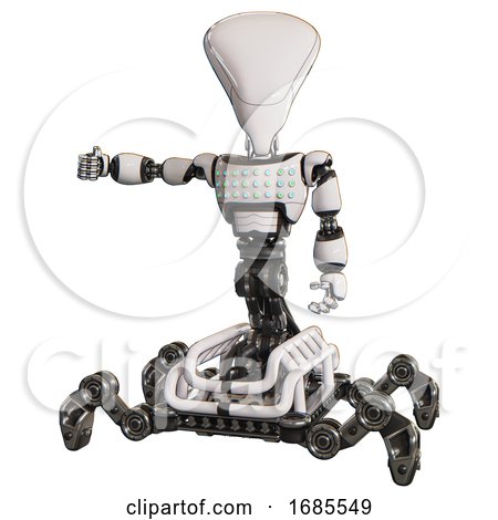 Automaton Containing Flat Elongated Skull Head and Light Chest Exoshielding and Chest Green Blue Lights Array and Insect Walker Legs. White. Arm out Holding Invisible Object.. by Leo Blanchette