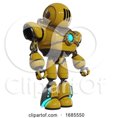 Android Containing Round Head and Three Lens Sentinel Visor and Heavy Upper Chest and Chest Blue Energy Core and Light Leg Exoshielding and Megneto-hovers Foot Mod. Yellow. Facing Left View. by Leo Blanchette