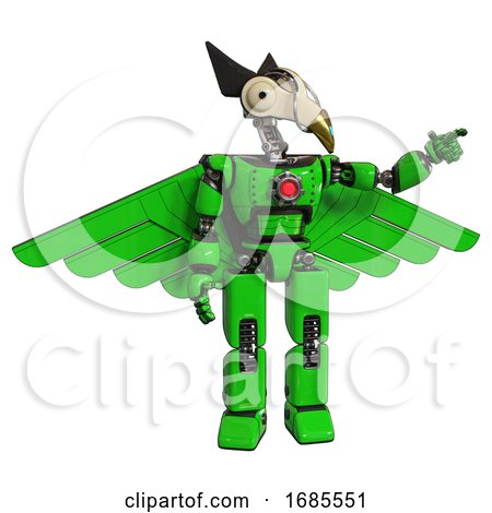 Mech Containing Bird Skull Head and Bone Skull Eye Holes and Robobeak Design and Light Chest Exoshielding and Red Energy Core and Pilot's Wings Assembly and Prototype Exoplate Legs. Green. by Leo Blanchette
