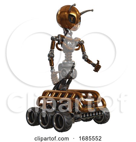 Android Containing Grey Alien Style Head and Metal Grate Eyes and Bug Antennas and Light Chest Exoshielding and No Chest Plating and Six-wheeler Base. Copper. Facing Left View. by Leo Blanchette