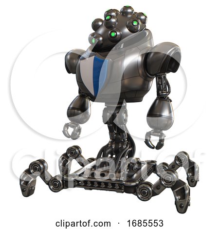 Bot Containing Techno Multi-eyed Domehead Design and Heavy Upper Chest and Blue Shield Defense Design and Insect Walker Legs. Metal. Standing Looking Right Restful Pose. by Leo Blanchette