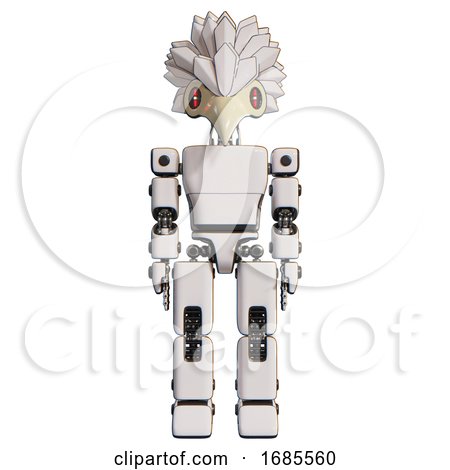 Droid Containing Bird Skull Head and Red Line Eyes and Bird Feather Design and Light Chest Exoshielding and Prototype Exoplate Chest and Prototype Exoplate Legs. White. Front View. by Leo Blanchette