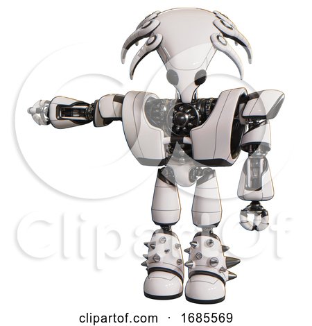 Automaton Containing Flat Elongated Skull Head and Heavy Upper Chest and Heavy Mech Chest and Light Leg Exoshielding and Spike Foot Mod. White. Arm out Holding Invisible Object.. by Leo Blanchette