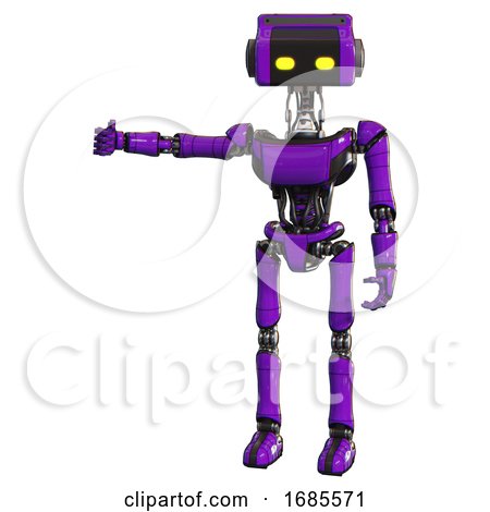 Robot Containing Dual Retro Camera Head and Retro Tech Device Head and Light Chest Exoshielding and Ultralight Chest Exosuit and Ultralight Foot Exosuit. Purple. Arm out Holding Invisible Object.. by Leo Blanchette