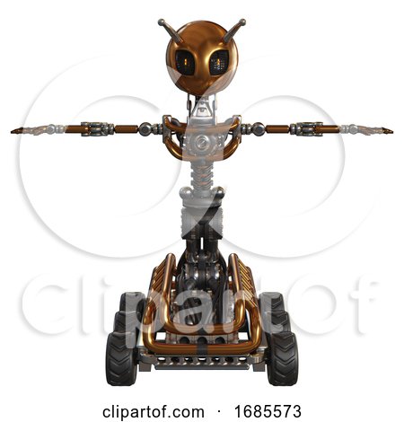 Android Containing Grey Alien Style Head and Metal Grate Eyes and Bug Antennas and Light Chest Exoshielding and No Chest Plating and Six-wheeler Base. Copper. T-pose. by Leo Blanchette