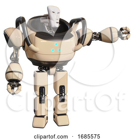 Droid Containing Humanoid Face Mask and Heavy Upper Chest and Triangle of Blue Leds and Prototype Exoplate Legs. Off-white. Pointing Left or Pushing a Button.. by Leo Blanchette