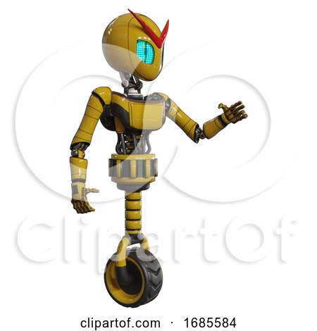 Automaton Containing Grey Alien Style Head and Blue Grate Eyes and Light Chest Exoshielding and Ultralight Chest Exosuit and Unicycle Wheel. Yellow. Interacting. by Leo Blanchette