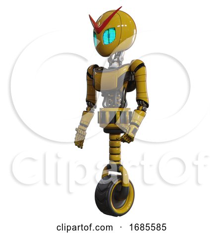 Automaton Containing Grey Alien Style Head and Blue Grate Eyes and Light Chest Exoshielding and Ultralight Chest Exosuit and Unicycle Wheel. Yellow. Facing Right View. by Leo Blanchette