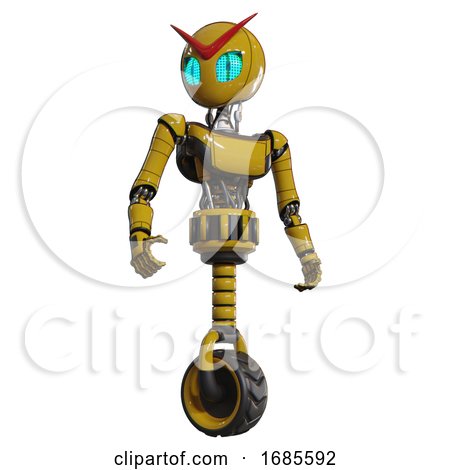 Automaton Containing Grey Alien Style Head and Blue Grate Eyes and Light Chest Exoshielding and Ultralight Chest Exosuit and Unicycle Wheel. Yellow. Hero Pose. by Leo Blanchette