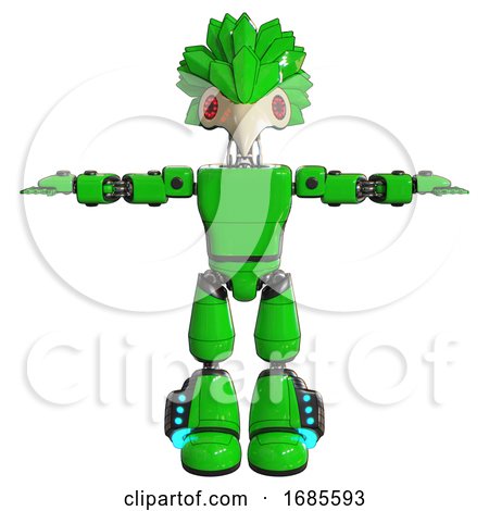 Bot Containing Bird Skull Head and Red Led Circle Eyes and Bird Feather Design and Light Chest Exoshielding and Prototype Exoplate Chest and Light Leg Exoshielding and Megneto-hovers Foot Mod. Green. by Leo Blanchette