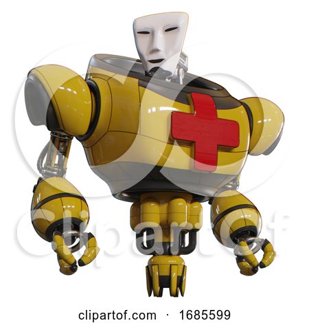 Android Containing Humanoid Face Mask and Heavy Upper Chest and First Aid Chest Symbol and Jet Propulsion. Yellow. Hero Pose. by Leo Blanchette
