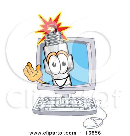 Clipart Picture of a Spark Plug Mascot Cartoon Character Waving From Inside a Computer Screen by Mascot Junction