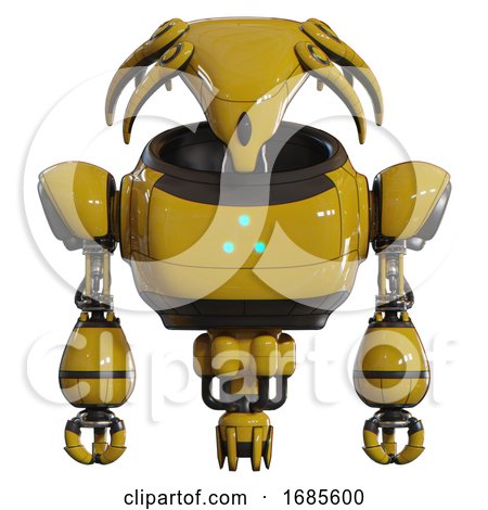 Mech Containing Flat Elongated Skull Head and Heavy Upper Chest and Triangle of Blue Leds and Jet Propulsion. Yellow. Front View. by Leo Blanchette