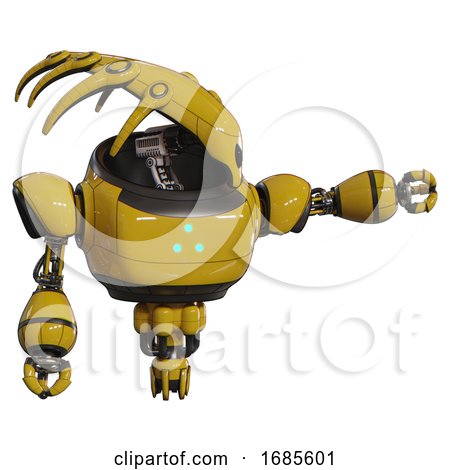 Mech Containing Flat Elongated Skull Head and Heavy Upper Chest and Triangle of Blue Leds and Jet Propulsion. Yellow. Pointing Left or Pushing a Button.. by Leo Blanchette