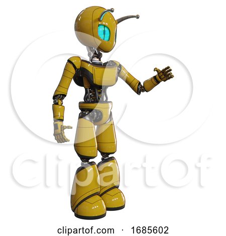 Automaton Containing Grey Alien Style Head and Blue Grate Eyes and Bug Antennas and Light Chest Exoshielding and Ultralight Chest Exosuit and Light Leg Exoshielding. Yellow. Interacting. by Leo Blanchette