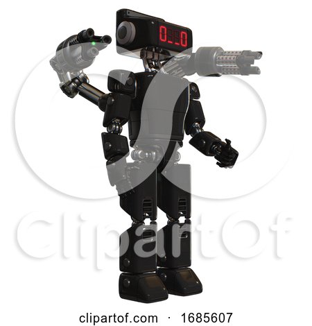 Robot Containing Dual Retro Camera Head and Clock Radio Head and Light Chest Exoshielding and Prototype Exoplate Chest and Minigun Back Assembly and Prototype Exoplate Legs. Black. Facing Left View. by Leo Blanchette