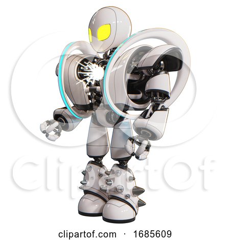 Bot Containing Grey Alien Style Head and Yellow Eyes and Heavy Upper Chest and Heavy Mech Chest and Spectrum Fusion Core Chest and Light Leg Exoshielding and Spike Foot Mod. White. Facing Right View. by Leo Blanchette