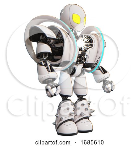 Bot Containing Grey Alien Style Head and Yellow Eyes and Heavy Upper Chest and Heavy Mech Chest and Spectrum Fusion Core Chest and Light Leg Exoshielding and Spike Foot Mod. White. Facing Left View. by Leo Blanchette
