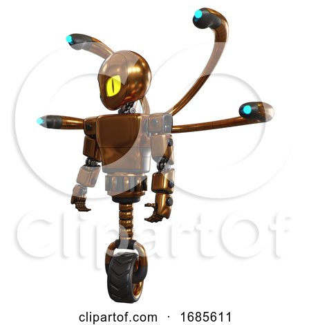 Automaton Containing Grey Alien Style Head and Cat's Eyes and Light Chest Exoshielding and Prototype Exoplate Chest and Blue-eye Cam Cable Tentacles and Unicycle Wheel. Copper. by Leo Blanchette