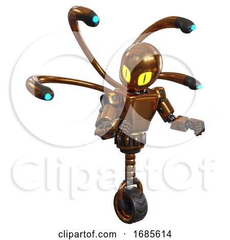 Automaton Containing Grey Alien Style Head and Cat's Eyes and Light Chest Exoshielding and Prototype Exoplate Chest and Blue-eye Cam Cable Tentacles and Unicycle Wheel. Copper. Fight or Defense Pose.. by Leo Blanchette