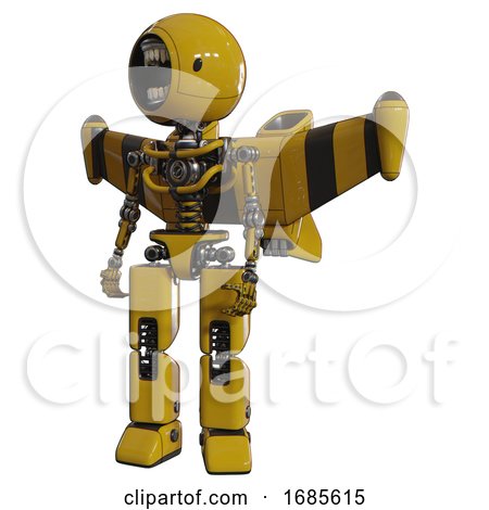 Robot Containing Round Head Chomper Design and Light Chest Exoshielding and Stellar Jet Wing Rocket Pack and No Chest Plating and Prototype Exoplate Legs. Yellow. Standing Looking Right Restful Pose. by Leo Blanchette