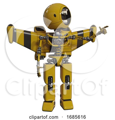 Robot Containing Round Head Chomper Design and Light Chest Exoshielding and Stellar Jet Wing Rocket Pack and No Chest Plating and Prototype Exoplate Legs. Yellow. Pointing Left or Pushing a Button.. by Leo Blanchette