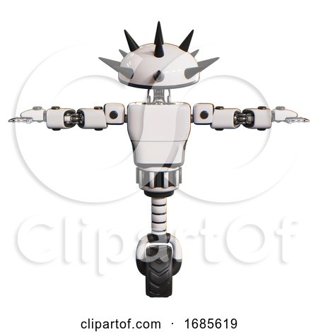 Bot Containing Thorny Domehead Design and Light Chest Exoshielding and Prototype Exoplate Chest and Unicycle Wheel. White. T-pose. by Leo Blanchette