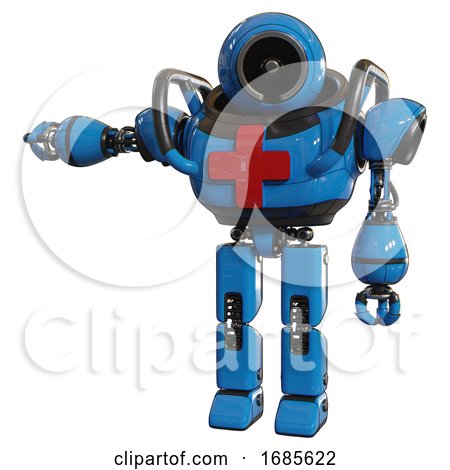 Automaton Containing Cable Connector Head and Heavy Upper Chest and First Aid Chest Symbol and Prototype Exoplate Legs. Blue. Arm out Holding Invisible Object.. by Leo Blanchette