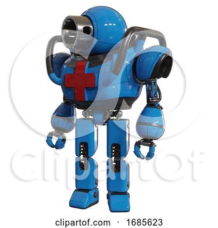 Automaton Containing Cable Connector Head and Heavy Upper Chest and First Aid Chest Symbol and Prototype Exoplate Legs. Blue. Standing Looking Right Restful Pose. by Leo Blanchette