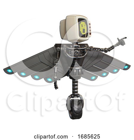 Cyborg Containing Old Computer Monitor and Yellow Pixel Face Surprised and Red Buttons and Light Chest Exoshielding and Cherub Wings Design and No Chest Plating and Unicycle Wheel. Metal. by Leo Blanchette