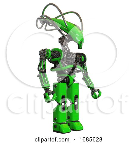 Cyborg Containing Flat Elongated Skull Head and Cables and Heavy Upper Chest and No Chest Plating and Prototype Exoplate Legs. Green. Facing Left View. by Leo Blanchette