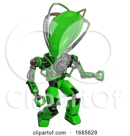 Cyborg Containing Flat Elongated Skull Head and Cables and Heavy Upper Chest and No Chest Plating and Prototype Exoplate Legs. Green. Fight or Defense Pose.. by Leo Blanchette