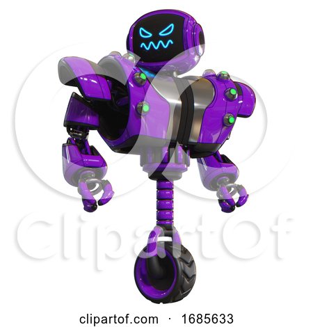Automaton Containing Digital Display Head and Angry Face and Heavy Upper Chest and Heavy Mech Chest and Green Cable Sockets Array and Unicycle Wheel. Purple. Hero Pose. by Leo Blanchette