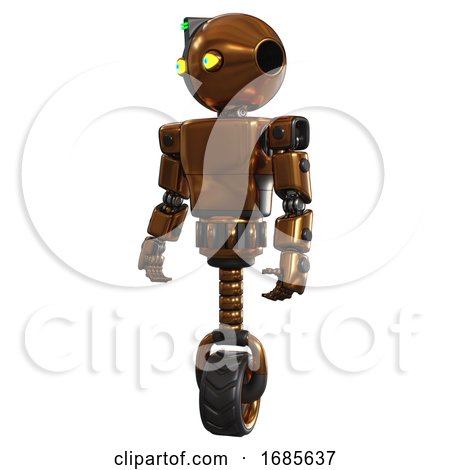 Android Containing Oval Wide Head and Yellow Eyes and Green Led Ornament and Light Chest Exoshielding and Prototype Exoplate Chest and Unicycle Wheel. Copper. Standing Looking Right Restful Pose. by Leo Blanchette