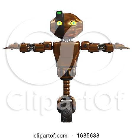 Android Containing Oval Wide Head and Yellow Eyes and Green Led Ornament and Light Chest Exoshielding and Prototype Exoplate Chest and Unicycle Wheel. Copper. T-pose. by Leo Blanchette