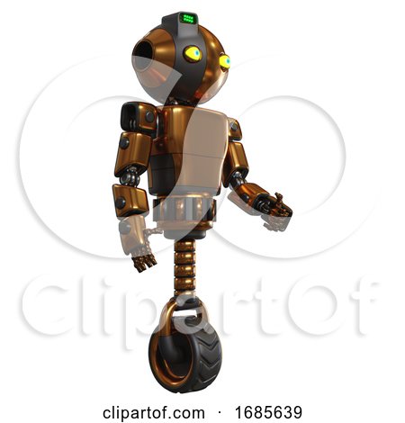Android Containing Oval Wide Head and Yellow Eyes and Green Led Ornament and Light Chest Exoshielding and Prototype Exoplate Chest and Unicycle Wheel. Copper. Facing Left View. by Leo Blanchette