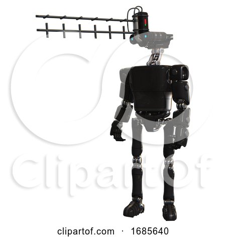 Robot Containing Dual Retro Camera Head and Wireless Internet Transmitter Head and Light Chest Exoshielding and Prototype Exoplate Chest and Ultralight Foot Exosuit. Black. by Leo Blanchette