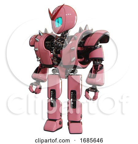 Cyborg Containing Grey Alien Style Head and Blue Grate Eyes and Heavy Upper Chest and Heavy Mech Chest and Shoulder Spikes and Prototype Exoplate Legs. Pink. Standing Looking Right Restful Pose. by Leo Blanchette